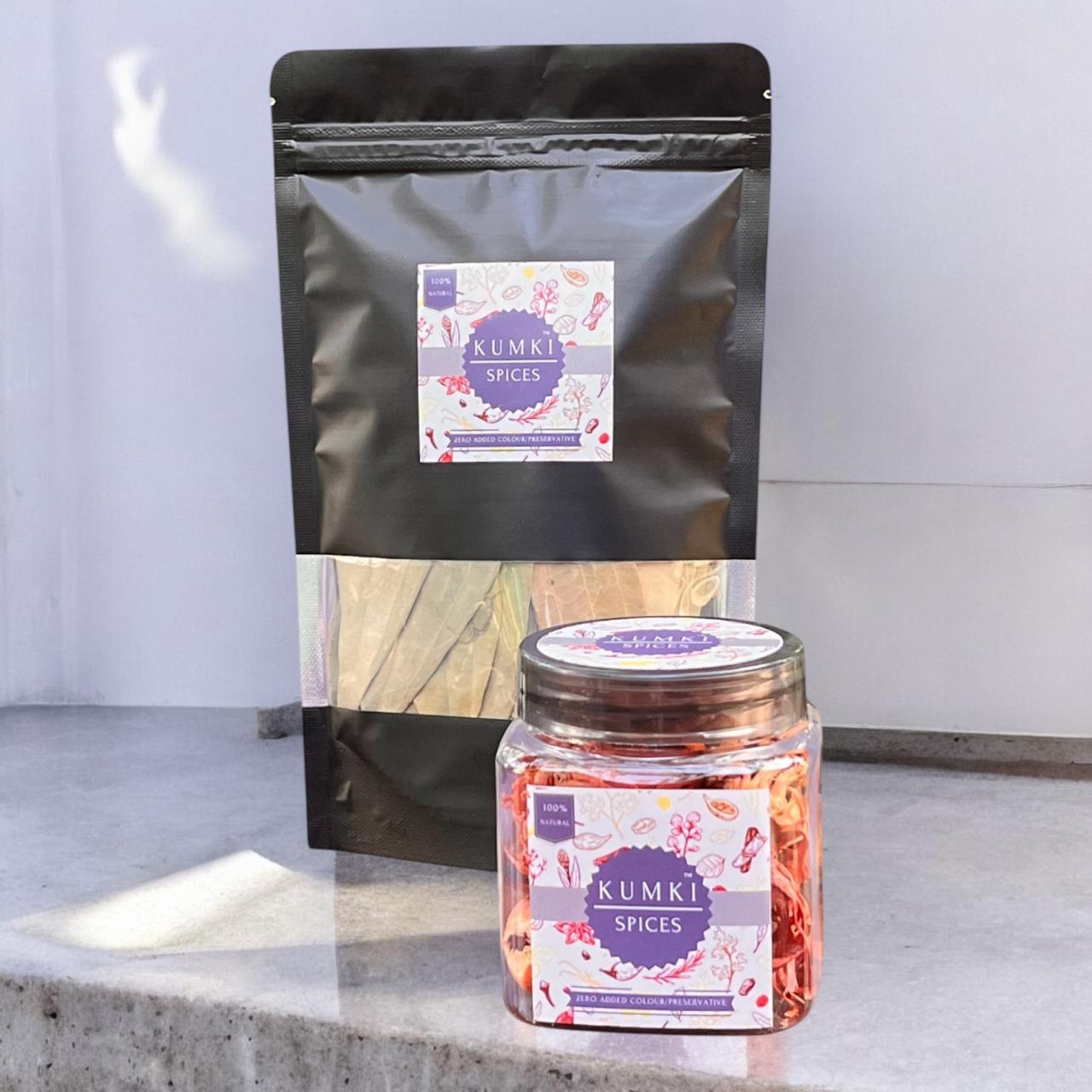 Kumki Spices - Combo Bay leaf 50g & Whole Javithri flower (Mace) 35g of Premium Aromatic Kerala Mace, Authentic Jathipathri / Japatri, Tej patta, Malabar leaf, Tamalpatra, Biriyani ela, Premium-Quality Dry Spice