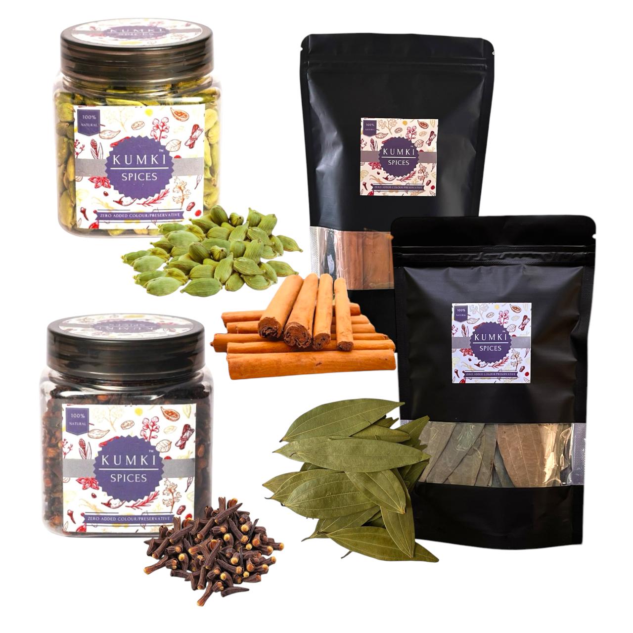 Kumki Spices - Combo Pack of Whole Kerala spices, 100g each of Idukki 8mm Bold whole Green Cardamom, Premium Export Quality whole Cloves, True Ceylon Cinnamon Quill and aromatic Bay leaf 50g, Monthly Combo Pack of 4 Kerala Dry Spices