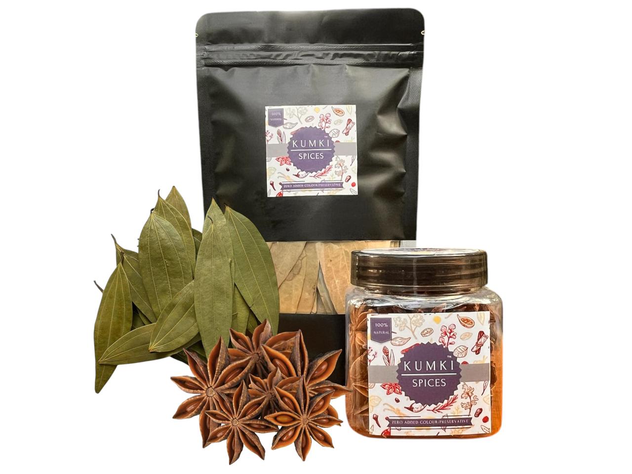 Kumki Spices - Combo, Star Anise+Bayleaf, (Pack of 2, 50gm each spice), Premium Export Quality, Chakri phool, Tej patta, Badhiyan phool, Annasippoo, Anasppu, Nakshatra Moggu, Brinji Leaf, Biriyani ela, Malabar leaf,