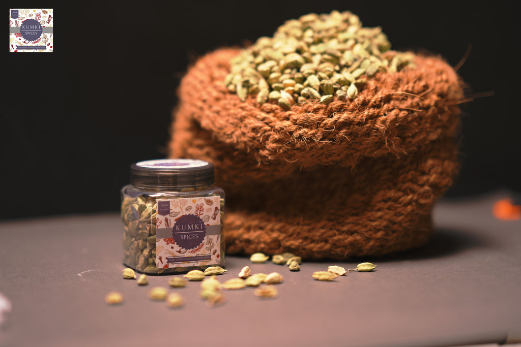 Kumki Spices 8+mm Idukki Whole Green Cardamom, 100g Aromatic Sabut True Idukki Cardamom pods, Elakka, Premium Export quality, Hari Ilaichi, Chhoti Ilaichi, Kerala Whole spices